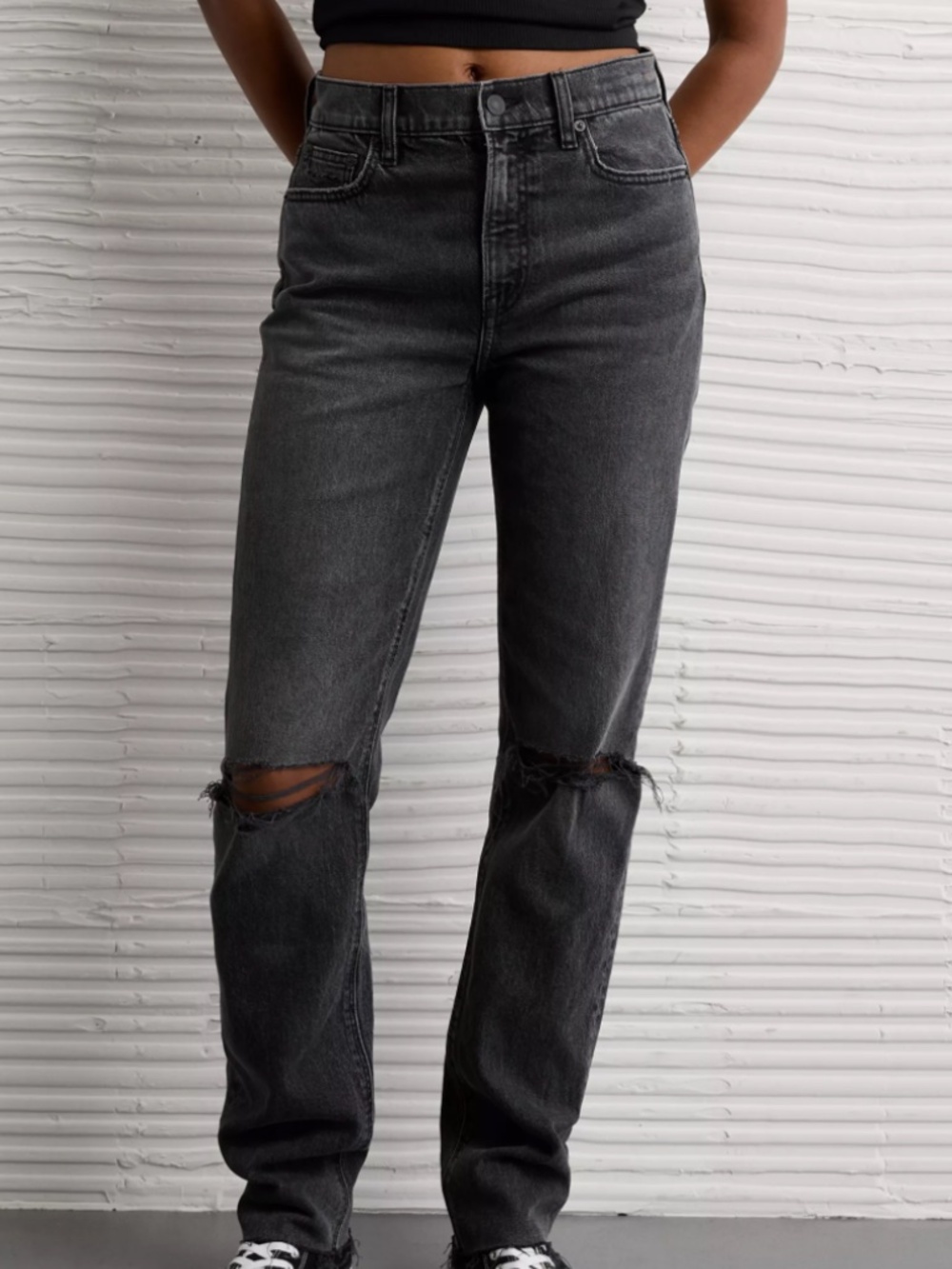 American Eagle AE Stretch Super High-Waisted Straight Jean Charcol Black SZ 2